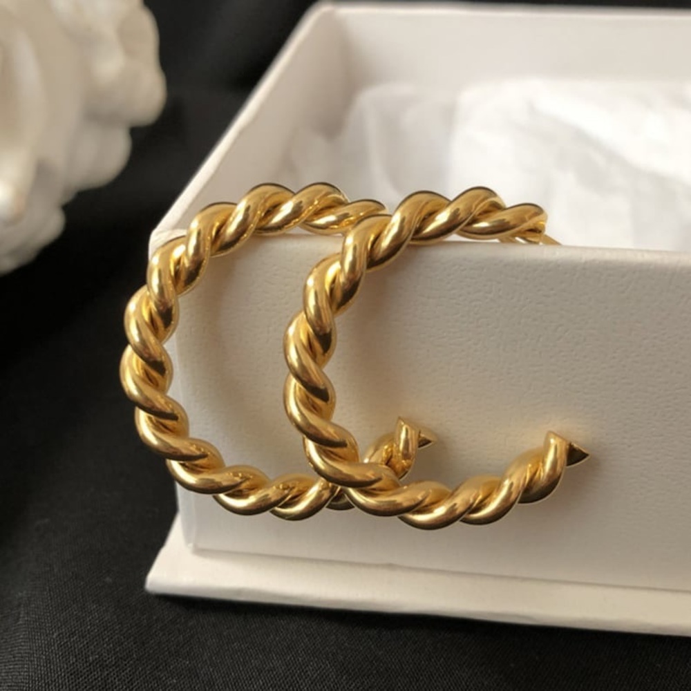 New Chunky 18k Gold Plated Sterling Silver Twisted Push Back Lux Hoop Earrings - Picture 3 of 17